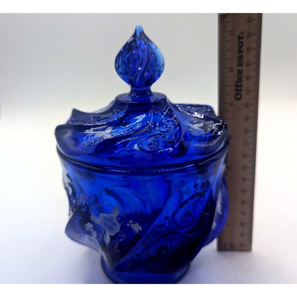 Fenton Glass HP Artist Signed Cobalt Blue Paisley Swirl Candy Jar & Lid - Picture 7 of 16